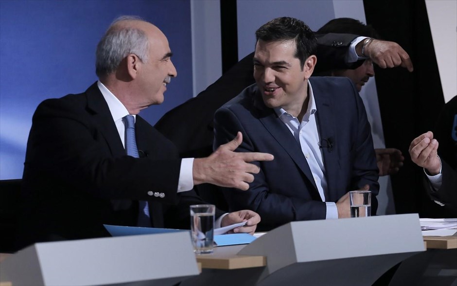 Ευάγγελος Μεϊμαράκης - Αλέξης Τσίπρας - Ντιμπέιτ. Ο πρόεδρος της Νέας Δημοκρατίας Ευάγγελος Μεϊμαράκης και ο πρόεδρος του ΣΥΡΙΖΑ Αλέξης Τσίπρας κατά τη διάρκεια του ντιμπέιτ.