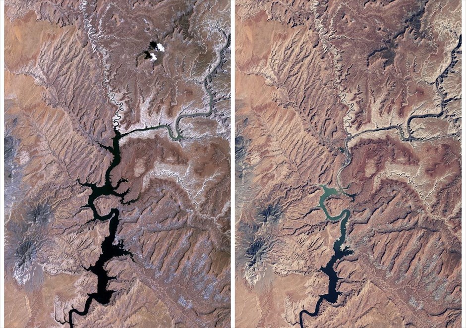 Λίμνη Πάουελ - Γιούτα. Φωτογραφία της λίμνης που τραβήχτηκε από δορυφόρους της NASA και δείχνει τη λίμνη το 1991 (αριστερά) και το 2015 (δεξιά).