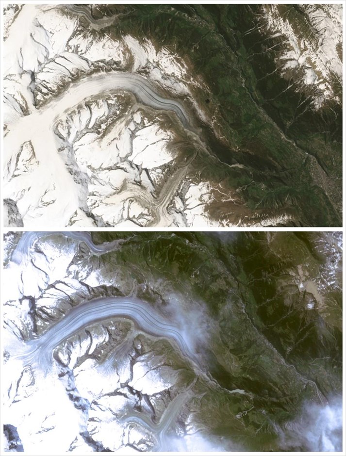 Παγετώνας Άλετς - Ελβετία. Δορυφορικές φωτογραφίες της NASA απεικονίζουν τον παγετώνα στις 8 Ιουνίου 2014 (πάνω) και στις 18 Αυγούστου 1987 (κάτω).
