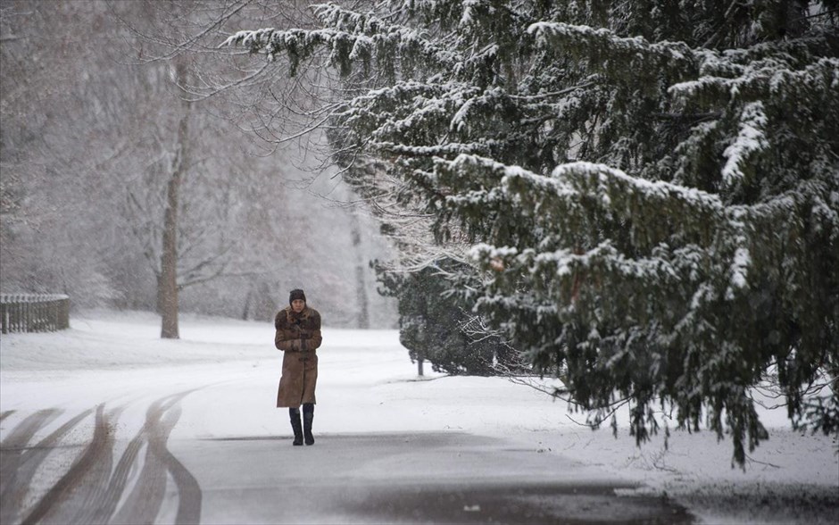 Χιόνια στη Στουτγκάρδη. Μία γυναίκα περπατά σ’ ένα πάρκο κατά τη διάρκεια έντονης χιονόπτωσης στη Στουτγκάρδη.