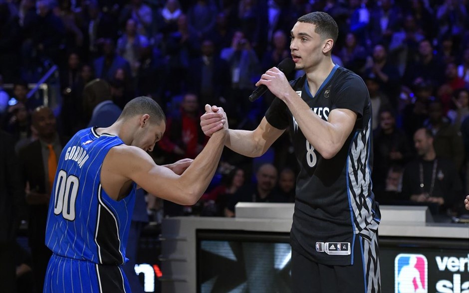 NBA - Άαρον Γκόρντον - Ζακ Λαβίν. O Άαρον Γκόρντον των Orlando Magic με τον Ζακ Λαβίν των Minesota Timberwolves.