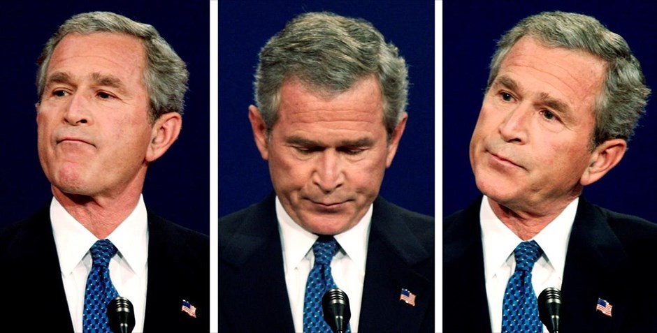 Εκλογές ΗΠΑ - Debate. Ο φωτογραφικός φακός καταγράφει μερικές από τις αντιδράσεις του προέδρου των ΗΠΑ, Τζορτζ Μπους του νεότερου στις απαντήσεις του αντιπάλου του Τζον Κέρι, κατά τη διάρκεια προεκλογικής τηλεμαχίας στο Πανεπιστήμιο του Μαϊάμι (30 Σεπτεμβρίου 2004). 