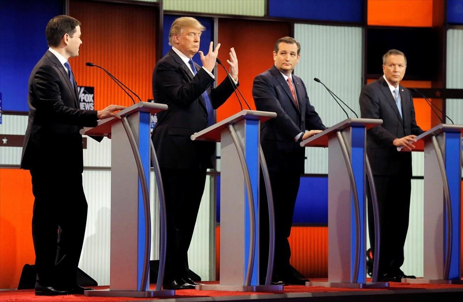Εκλογές ΗΠΑ - Debate. Στιγμιότυπο του ντιμπέιτ των υποψηφίων για το χρίσμα του Ρεπουμπλικανικού Κόμματος, του τηλεοπτικού δικτύου Fox News. Στη φωτογραφία ο Μάρκο Ρούμπιο (αριστερά), ο Ντόναλντ Τραμπ (δεύτερος αριστερά), ο Τεντ Κρουζ (δεύτερος δεξιά) και ο Τζον Κέισικ (δεξιά) (3 Μαρτίου 2016).