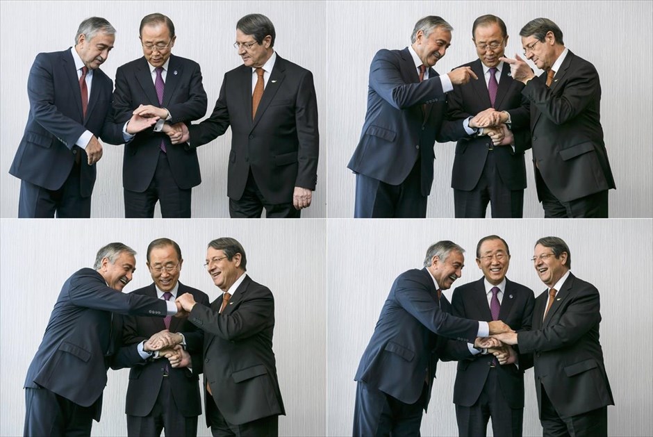 Συνομιλίες για το Κυπριακό στην Ελβετία. Ο γ.γ. του ΟΗΕ Μπαν Κι Μουν (κέντρο) προσπαθεί να ανταλλάξει χειραψία&nbsp;με τον πρόεδρο της Κυπριακής Δημοκρατίας Νίκο Αναστασιάδη (δεξιά) και τον Τουρκοκύπριο ηγέτη Μουσταφά Ακιντζί. Στο Μοντ-Πελεράν, όπου άρχισαν επισήμως οι συνομιλίες για το εδαφικό και όλα τα εκκρεμή ζητήματα που είναι αλληλένδετα, ο κ. Μπαν είπε πως διαβεβαίωσε τους δυο ηγέτες για την πλήρη στήριξή του και τη δέσμευση των Ηνωμένων Εθνών να τους βοηθήσουν, με οποιονδήποτε τρόπο, για να φθάσουν στον κοινό τους στόχο, σεβόμενοι την αρχή πως το μέλλον της Κύπρου θα καθοριστεί από τους Κυπρίους, για όλους τους Κυπρίους.