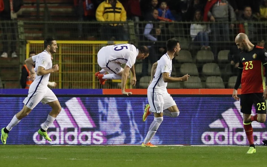 Βέλγιο - Ελλάδα. Πανηγυρισμοί για το 0-1 από τους παίκτες της Εθνικής