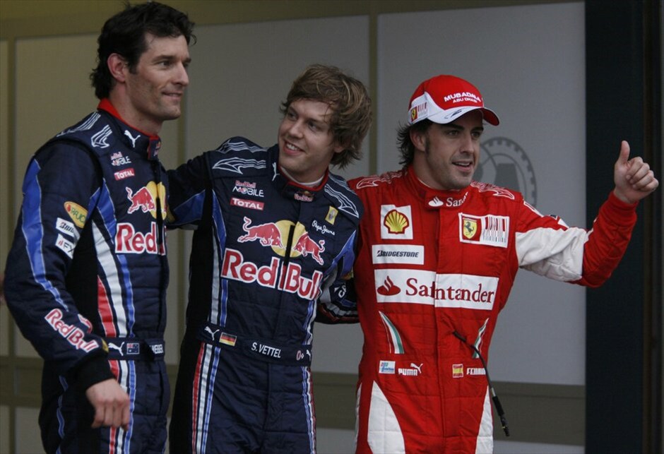 F1: GP Αυστραλίας #36. Η τριάδα εκκίνησης του αγώνα. Από αριστερά, Μαρκ Βέμπερ, Σεμπάστιαν Φέτελ και Φεράντο Αλόνσο.