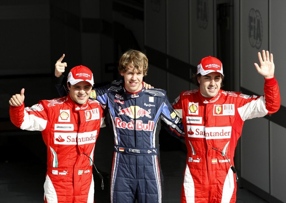 F1: GP Μπαχρέιν #4. Η τριάδα της pole position, (από αριστερά) Φελίπε Μάσα, Σεμπάστιαν Φέτελ και Φερνάντο Αλόνσο.
