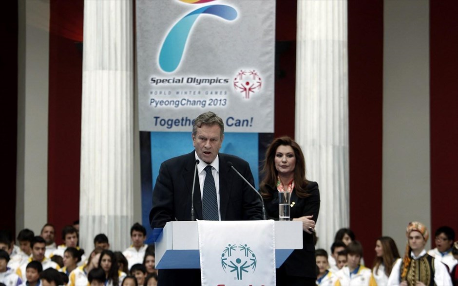 Special Olympics - Φλόγα για τους 10ους Παγκόσμιους Χειμερινούς Αγώνες το 2013 στη Νότια Κορέα. Ο υφυπουργός Αθλητισμού Γιάννης Ιωαννίδης απευθύνει χαιρετισμό κατά τη διάρκεια της τελετής αφής της Φλόγας των Χειμερινών Special Olympics στο Ζάππειο Μέγαρο.