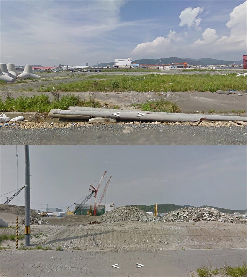 Εικόνες από την κατεστραμμένη περιοχή της Φουκουσίμα - Ισινομάκι - Μιγιάγκι. Φωτογραφία από την περιοχή Ισινομάκι στην επαρχία Μιγιάγκι τον Αύγουστο του 2011 όπου τα κτήρια έχουν παρασυρθεί από το τσουνάμι (επάνω). Στη φωτογραφία κάτω (Μάϊος 2013) έχουν ξεκινήσει εργασίες δημιουργίας αναχωμάτων στις όχθες του ποταμού στην ίδια περιοχή.