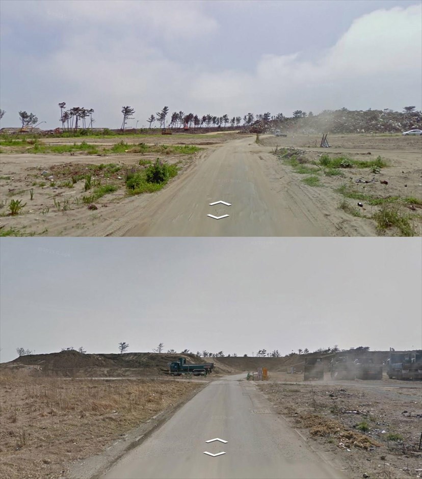 Εικόνες από την κατεστραμμένη περιοχή της Φουκουσίμα - Ιγουανούμα - Μιγιάγκι. Φωτογραφία από την περιοχή Ιγουανούμα στην επαρχία Μιγιάγκι τον Ιούλιο του 2011 (επάνω). Στη φωτογραφία κάτω (Απρίλιος 2013) έχουν ξεκινήσει εργασίες για την απομάκρυνση των κατεστραμμένων σπιτιών στην ίδια περιοχή.