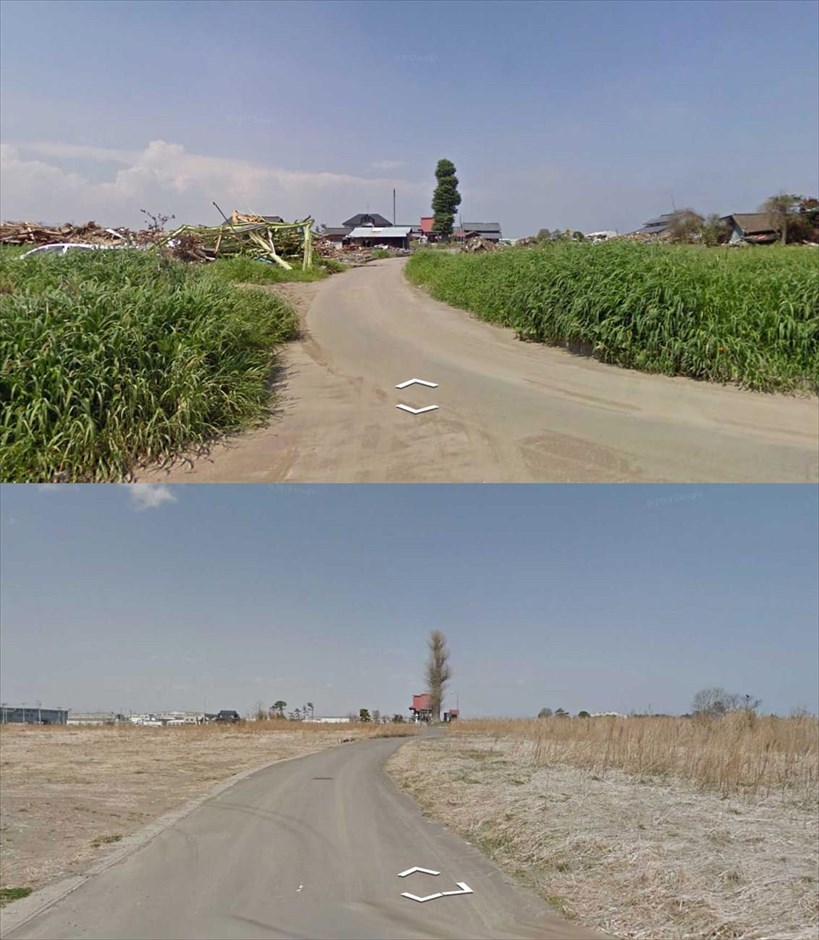 Εικόνες από την κατεστραμμένη περιοχή της Φουκουσίμα - Ναγκαόκα - Μιγιάγκι. Φωτογραφία από την περιοχή Ναγκαόκα στην επαρχία Μιγιάγκι τον Ιούλιο του 2011 (επάνω). Στη φωτογραφία κάτω (Απρίλιος 2013) τα κατεστραμμένα από το σεισμό σπίτια έχουν απομακρυνθεί και στη θέση τους παραμένουν εκτάσεις έρημης γης.