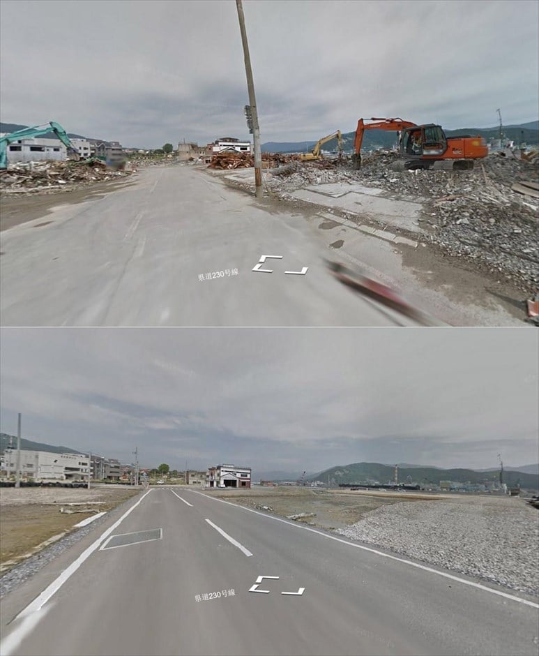 Εικόνες από την κατεστραμμένη περιοχή της Φουκουσίμα - Οφουνάτο - Ιγουάτε. Φωτογραφία από την περιοχή Οφουνάτο στην επαρχία Ιγουάτε το Σεπτέμβριο του 2011, όπου συνεργεία καθαρίζουν τα συντρίμια των σπιτιών από τους δρόμους. Στη φωτογραφία κάτω (Ιούνιος 2013) η περιοχή έχει καθαριστεί από τα συντρίμια.