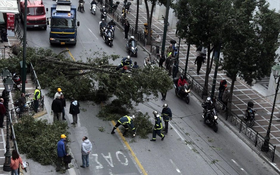 Πτώση δένδρου στην οδό Σταδίου. Πυροσβέστες κόβουν και μετακινούν τα κλαδιά δένδρου που έχει πέσει στην οδού Σταδίου, στο κέντρο της Αθήνας. Θυελλώδεις άνεμοι έχουν δημιουργήσει αρκετά προβλήματα σε γειτονιές της πρωτεύουσας.
