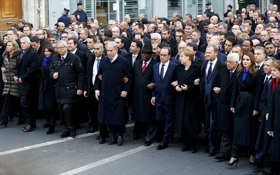 Γαλλία - Παρίσι - Πορεία Ενότητας - Charlie Hebdo. Ξένοι ηγέτες και αξιωματούχοι συμμετέχουν μαζί με τον Φρανσουά Ολάντ στην πορεία εναντίον της τρομοκρατίας στο Παρίσι.