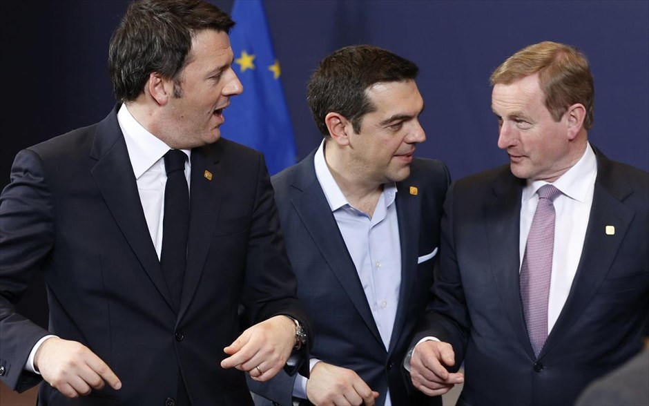 Ρέντσι - Τσίπρας - Κένι. Ο Ιταλός Πρωθυπουργός Ματέο Ρέντσι με τον Έλληνα Πρωθυπουργό Αλέξη Τσίπρα και τον Ιρλανδό Πρωθυπουργό Έντα Κένι.