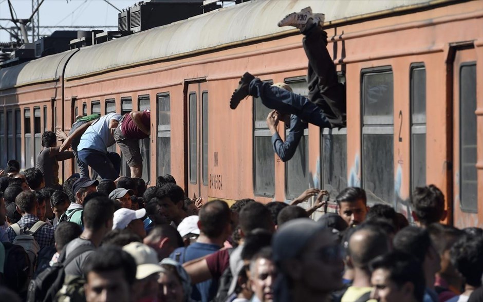 Στον δρόμο για τη δυτική Ευρώπη. Μετανάστες προσπαθούν να μπουν στα βαγόνια τρένου από τα παράθυρα, στον σταθμό της Γευγελής, στην Π.Γ.Δ.Μ. Χιλιάδες άνθρωποι που έχουν περάσει μέσω της Ελλάδας στα Σκόπια, προσπαθούν καθημερινά να μετακινηθούν προς τη Σερβία, απ΄ όπου θα επιχειρήσουν να προσεγγίσουν χώρες της Δυτικής Ευρώπης. 