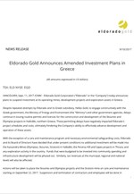 Eldorado Gold Announces Amended Investment Plans in Greece