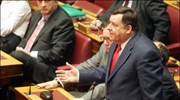 Ο πρόεδρος του ΛΑ.Ο.Σ Γιώργος Καρατζαφέρης μιλάει στην ολομέλεια της Βουλής κατά ...