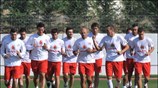 Στιγμιότυπο από την προπόνηση των παικτών του Ολυμπιακού στις εγκαταστάσεις του Ρέντη. ...