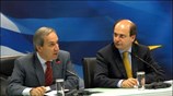 Ο υπουργός Εθνικής Οικονομίας Γιώργος Αλογοσκούφης και ο υπουργός Μεταφορών και Επικοινωνιών ...