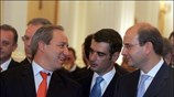 Ο υπουργός Οικονομίας και Οικονομικών Γιώργος Αλογοσκούφης, ο νέος υπουργός Μεταφορών Κώστας ...